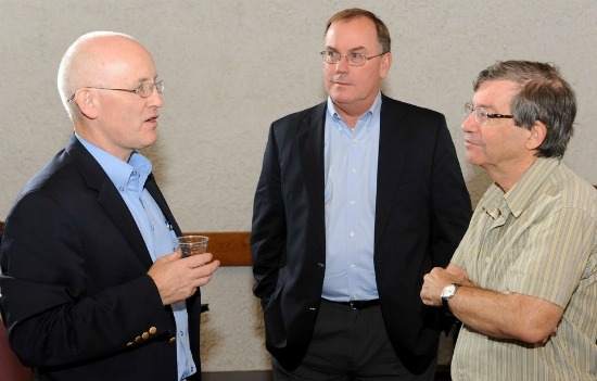 From left, Abbott VPs James Sullivan and Ed Michael with Prof. Mordechai Sheves, vice president for technology transfer at the Weizmann Institute of Science.