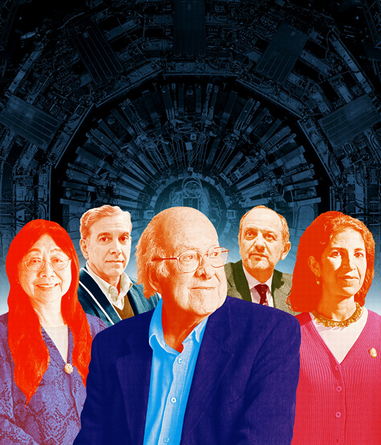 Peter Higgs, center, of the University of Edinburgh, was one of the first to propose the particle's existence. From left, physicists at CERN who helped lead the hunt for it: Sau Lan Wu, Joe Incandela, Guido Tonelli and Fabiola Gianotti.